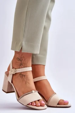 Damskie Zamszowe Sandały Na Niskim Słupku Beżowe Loredo