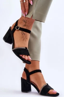 Damskie Zamszowe Sandały Na Niskim Słupku Czarne Loredo