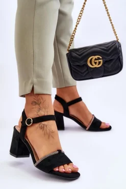 Damskie Zamszowe Sandały Na Niskim Słupku Czarne Loredo