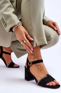 Damskie Zamszowe Sandały Na Niskim Słupku Czarne Loredo