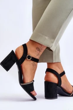 Damskie Zamszowe Sandały Na Niskim Słupku Czarne Loredo