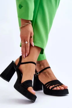 Damskie Zamszowe Sandały Na Obcasie I Platformie Czarne Verda