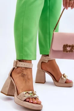 Damskie Zamszowe Sandały Na Masywnym Obcasie Lewski Shoes 3207 Beżowe