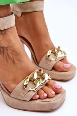 Damskie Zamszowe Sandały Na Masywnym Obcasie Lewski Shoes 3207 Beżowe