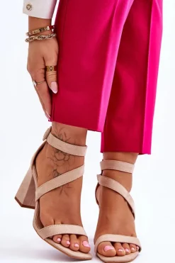 Damskie Zamszowe Sandały Na Obcasie Beżowe Lanes