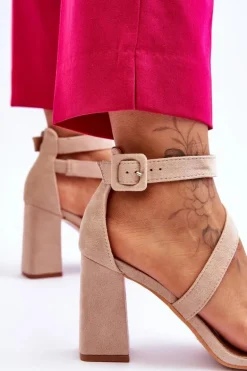 Damskie Zamszowe Sandały Na Obcasie Beżowe Lanes