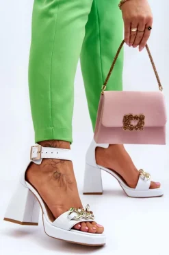 Damskie Zamszowe Sandały Na Masywnym Obcasie Lewski Shoes 3207 Białe