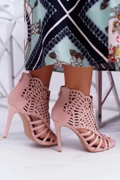 Damskie Zamszowe Sandały na Szpilce Pudrowy Róż Viviane