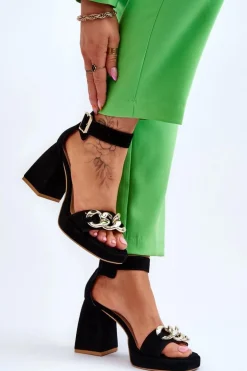 Damskie Zamszowe Sandały Na Masywnym Obcasie Lewski Shoes 3207 Czarne