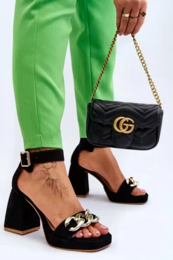 Damskie Zamszowe Sandały Na Masywnym Obcasie Lewski Shoes 3207 Czarne