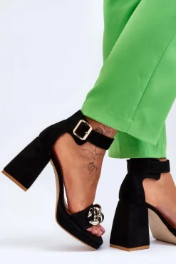 Damskie Zamszowe Sandały Na Masywnym Obcasie Lewski Shoes 3207 Czarne