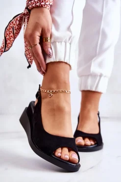 Damskie Zamszowe Sandały Na Sprzączkę Czarne Camille