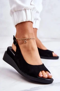 Damskie Zamszowe Sandały Na Sprzączkę Czarne Camille