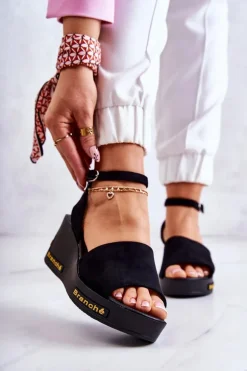 Damskie Zamszowe Sandały Na Koturnie Czarne Cortena