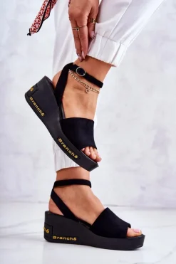 Damskie Zamszowe Sandały Na Koturnie Czarne Cortena