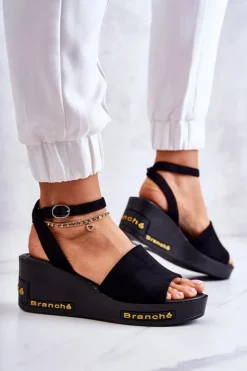 Damskie Zamszowe Sandały Na Koturnie Czarne Cortena