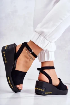 Damskie Zamszowe Sandały Na Koturnie Czarne Cortena