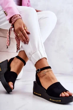 Damskie Zamszowe Sandały Na Koturnie Czarne Cortena