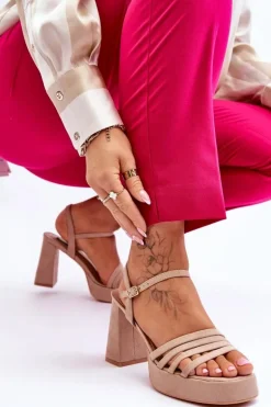 Damskie Zamszowe Sandały Na Obcasie I Platformie Beżowe Verda