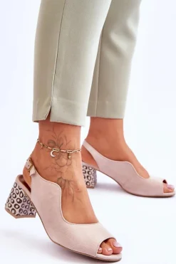 Damskie Zamszowe Sandały Na Słupku Maciejka 05870-04 Beżowe