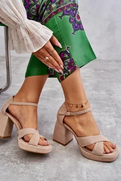 Damskie Zamszowe Sandały Na Obcasie Lewski Shoes 3221 Beżowe