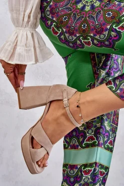 Damskie Zamszowe Sandały Na Obcasie Lewski Shoes 3221 Beżowe