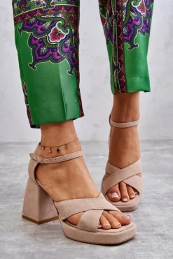 Damskie Zamszowe Sandały Na Obcasie Lewski Shoes 3221 Beżowe