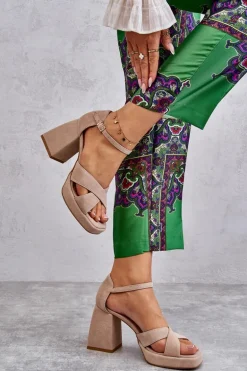 Damskie Zamszowe Sandały Na Obcasie Lewski Shoes 3221 Beżowe
