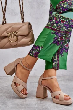 Damskie Zamszowe Sandały Na Obcasie Lewski Shoes 3221 Beżowe