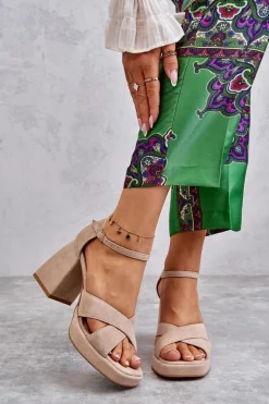 Damskie Zamszowe Sandały Na Obcasie Lewski Shoes 3221 Beżowe