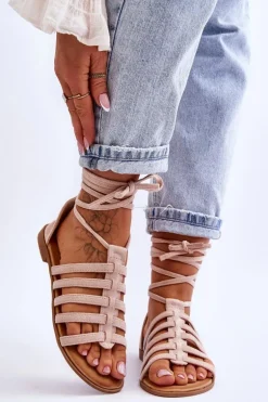 Damskie Zamszowe Sandały Rzymianki Beżowe Sempre