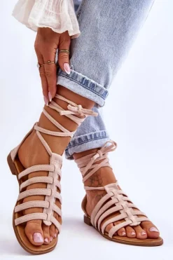 Damskie Zamszowe Sandały Rzymianki Beżowe Sempre