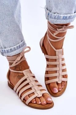 Damskie Zamszowe Sandały Rzymianki Beżowe Sempre