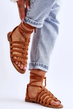 Damskie Zamszowe Sandały Rzymianki Camel Sempre