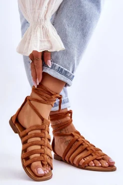 Damskie Zamszowe Sandały Rzymianki Camel Sempre