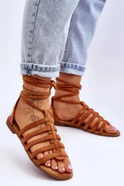 Damskie Zamszowe Sandały Rzymianki Camel Sempre