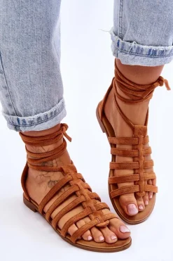 Damskie Zamszowe Sandały Rzymianki Camel Sempre