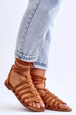 Damskie Zamszowe Sandały Rzymianki Camel Sempre