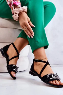 Damskie Zamszowe Sandały Z Łańcuchem Laura Messi 2365 Czarne