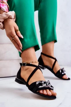 Damskie Zamszowe Sandały Z Łańcuchem Laura Messi 2365 Czarne