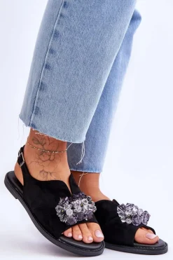 Damskie Zamszowe Sandały Z Kamieniami Czarne Mersea