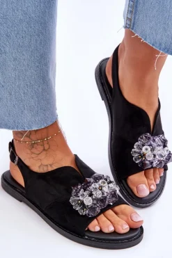 Damskie Zamszowe Sandały Z Kamieniami Czarne Mersea