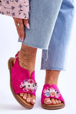 Damskie Zamszowe Sandały Z Kamieniami Fuksja Mersea