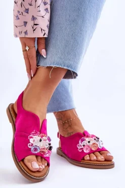 Damskie Zamszowe Sandały Z Kamieniami Fuksja Mersea