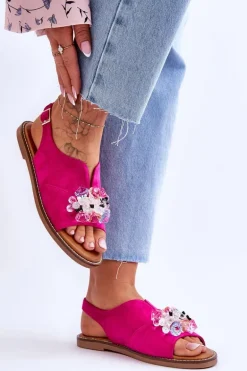 Damskie Zamszowe Sandały Z Kamieniami Fuksja Mersea