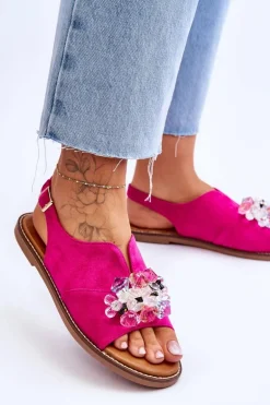 Damskie Zamszowe Sandały Z Kamieniami Fuksja Mersea
