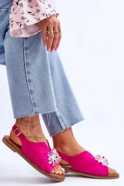 Damskie Zamszowe Sandały Z Kamieniami Fuksja Mersea