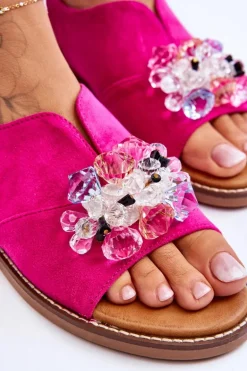 Damskie Zamszowe Sandały Z Kamieniami Fuksja Mersea