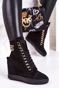 Damskie Zamszowe Sneakersy BOOCI 2222/066/z Złoty Łańcuch Czarne