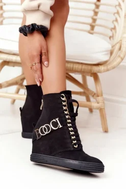 Damskie Zamszowe Sneakersy BOOCI 2222 Złote Litery Czarne